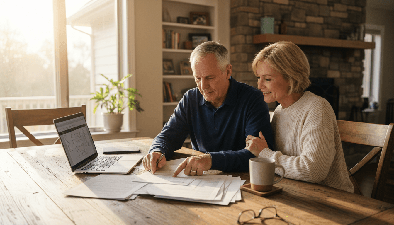 Veteran couple reviewing home-buying documents together at a table in natural light