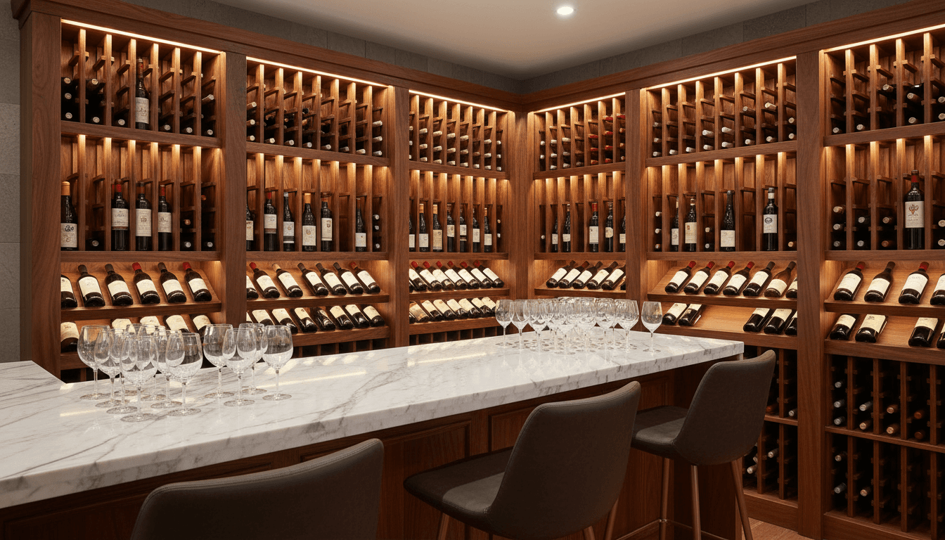 Climate-controlled wine cellar with custom wooden racks and bar lounge seating