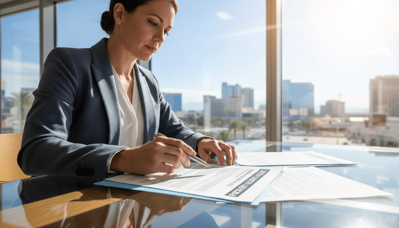 Real estate agent reviewing property contract terms at desk