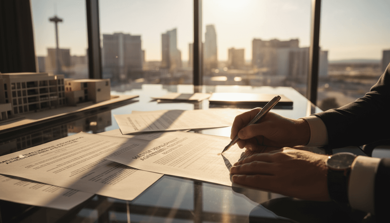 Real estate professional reviewing property documents at a desk with Las Vegas skyline in the background