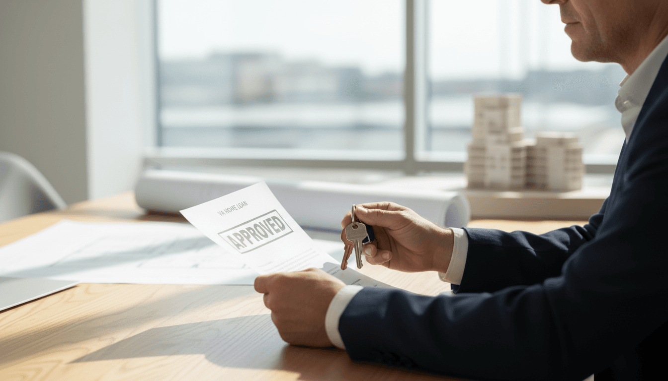 VA loan approval document and house keys on desk