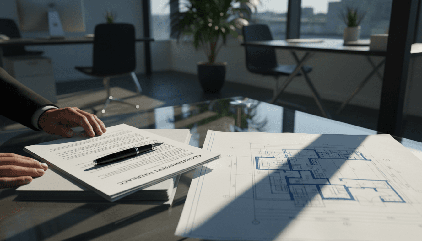Close-up of contract review and commercial property documents