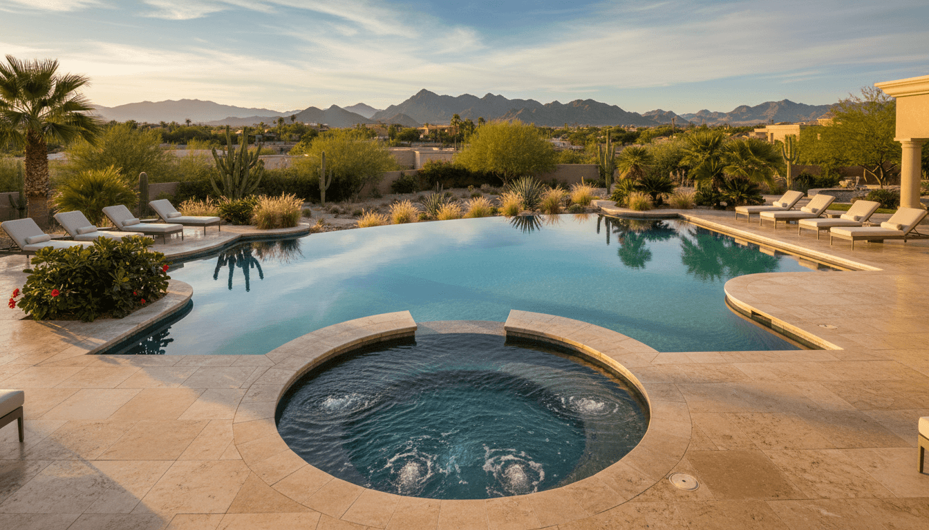 Resort-style saltwater pool and heated spa at luxury Las Vegas property