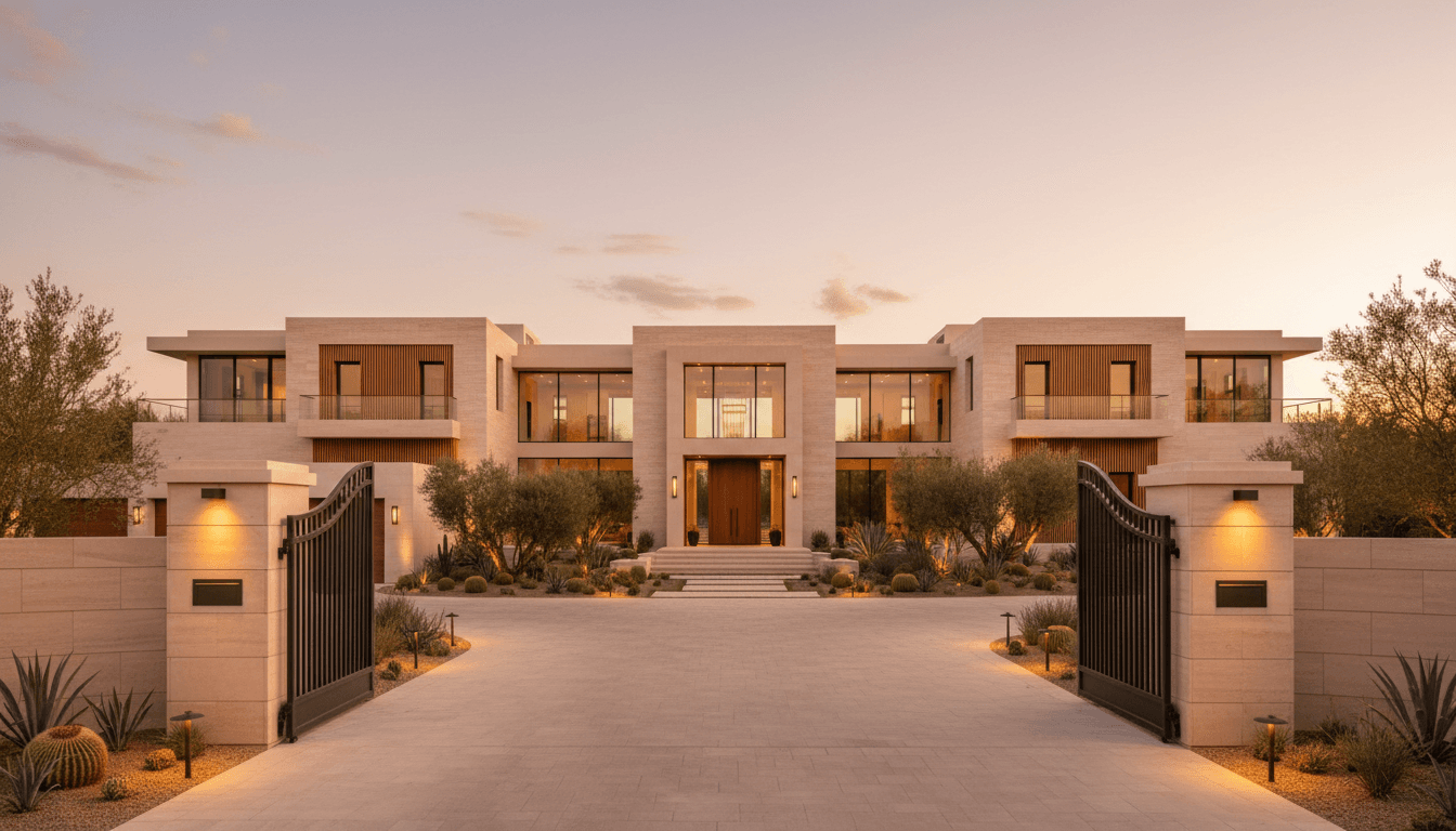 Modern luxury mansion exterior at golden hour with architectural detail