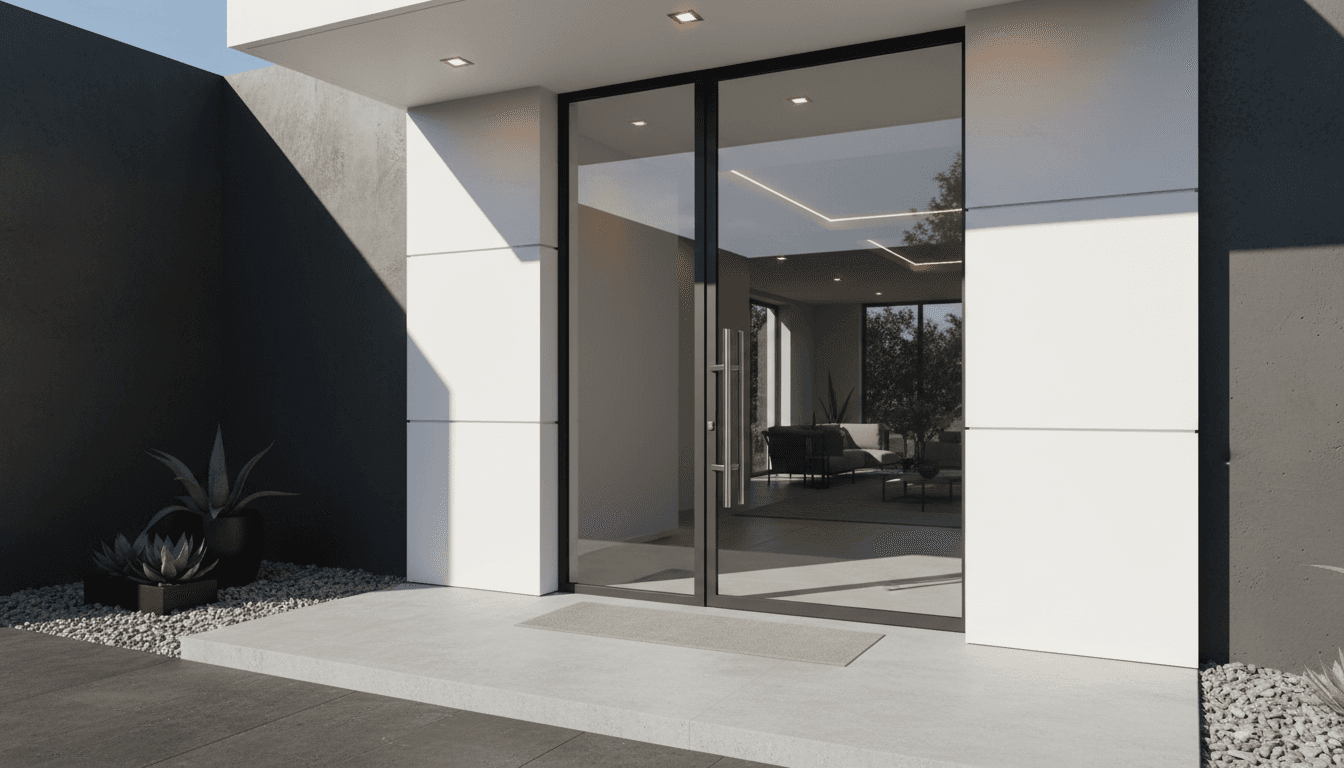 Modern residential home entrance with contemporary glass door and clean architecture