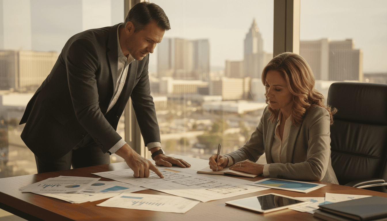 Real estate advisor and client reviewing property strategy documents together
