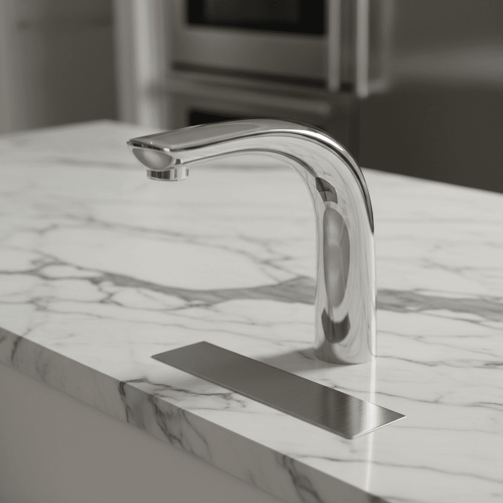 Luxury kitchen countertop detail with marble and chrome finishes
