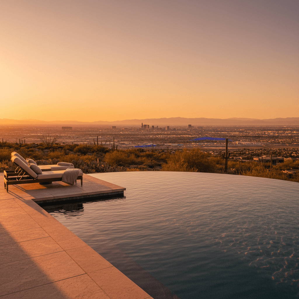 Luxury infinity pool with valley views at sunset