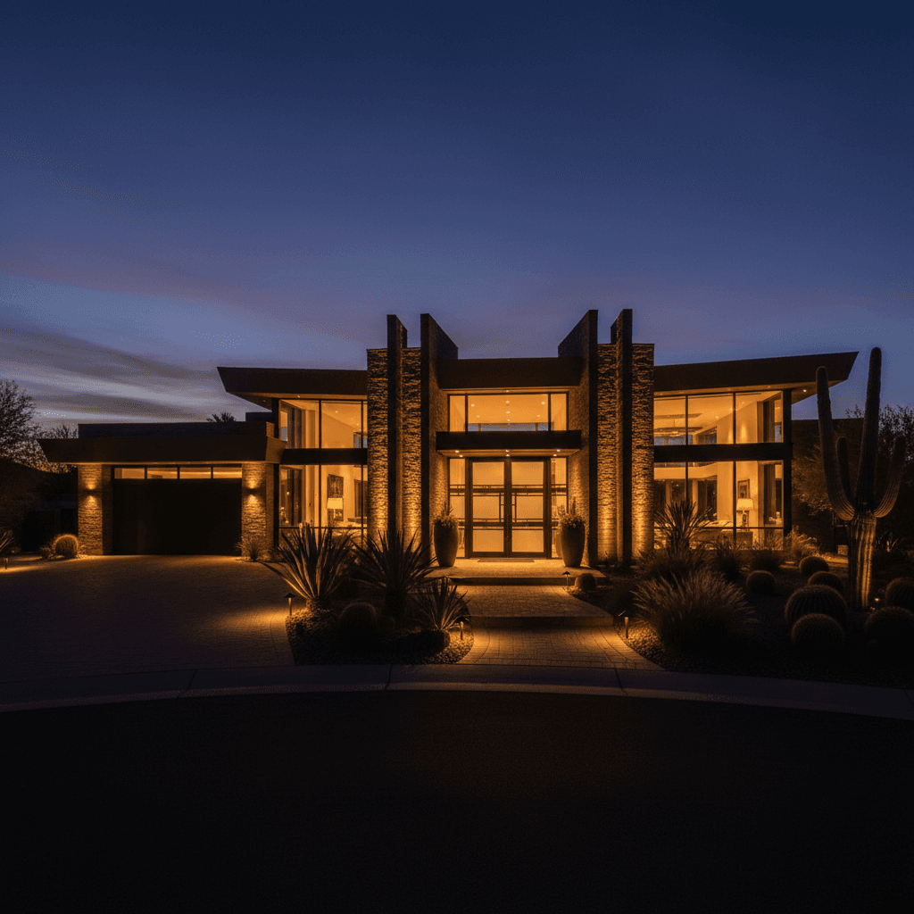 Luxury home exterior with architectural lighting at dusk