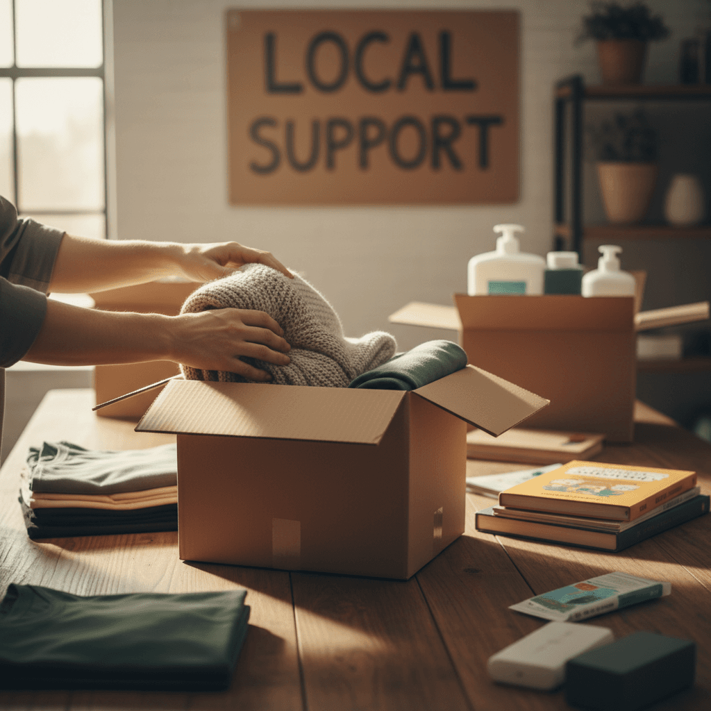 Hands sorting community donations for local charity