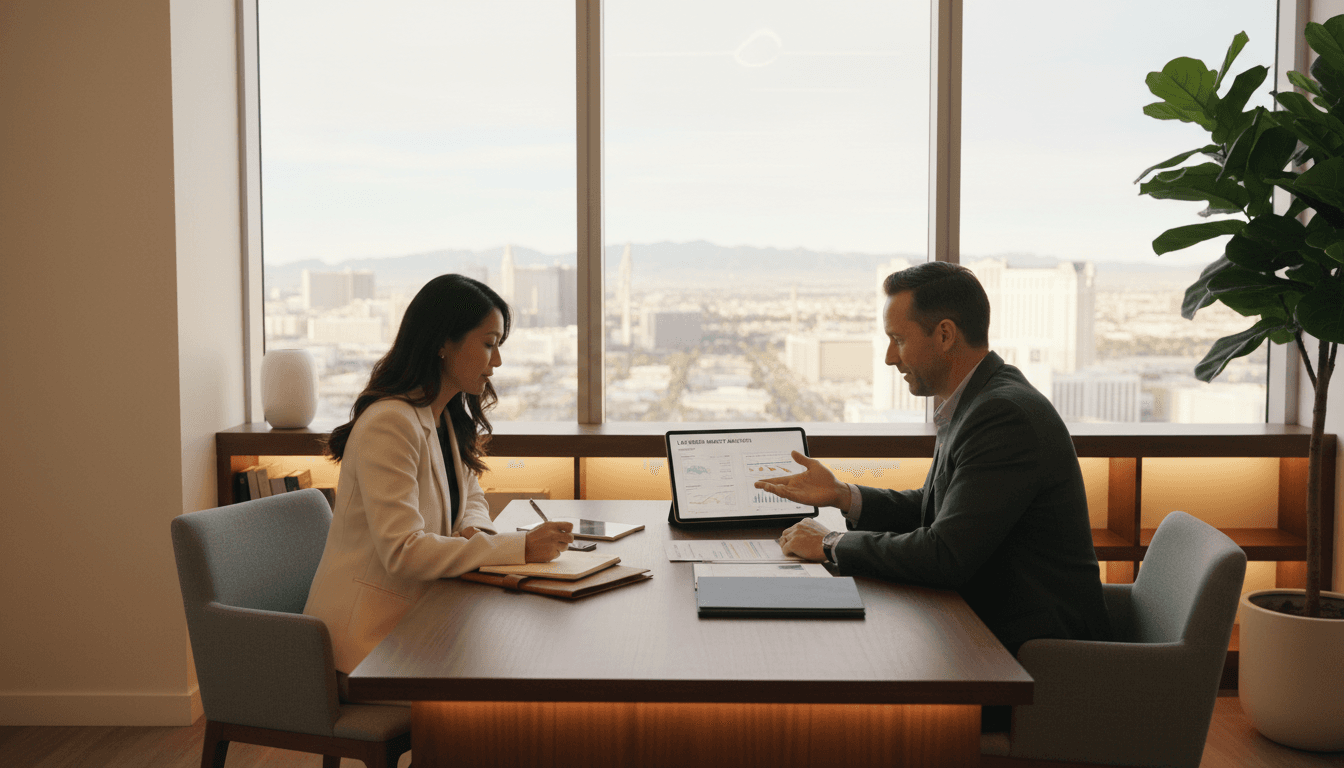 Real estate agent and client reviewing investment strategy documents at a modern office desk with Las Vegas skyline visible through windows