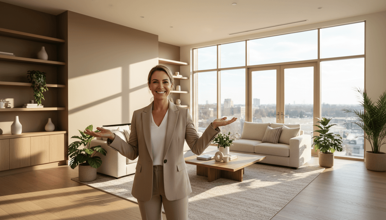 Real estate professional confidently presenting a modern rental property interior with natural lighting