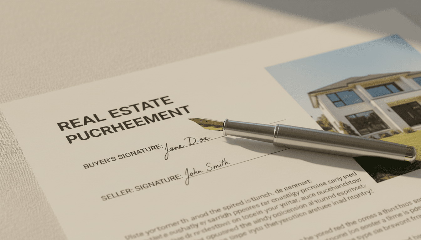 Pen on signed real estate agreement with property listing