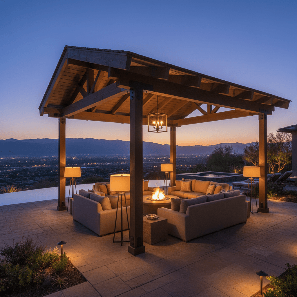 Luxury outdoor entertaining space with ambient lighting