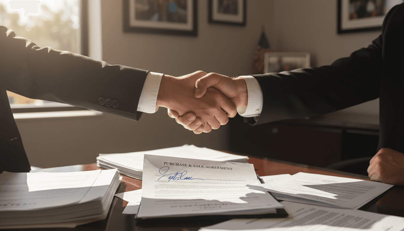 Veteran investor partnership handshake finalizing commercial real estate transaction