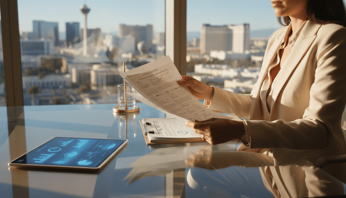 Professional reviewing real estate market analysis at desk with Las Vegas skyline view