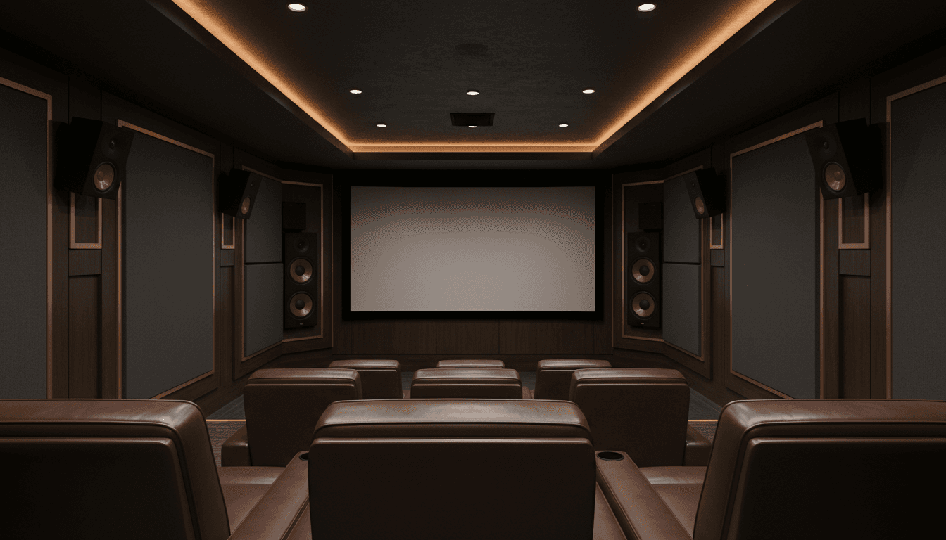 Home theater room with premium tiered seating and professional sound system