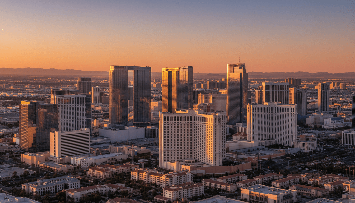 Las Vegas skyline at sunset with downtown buildings and Strip landmarks