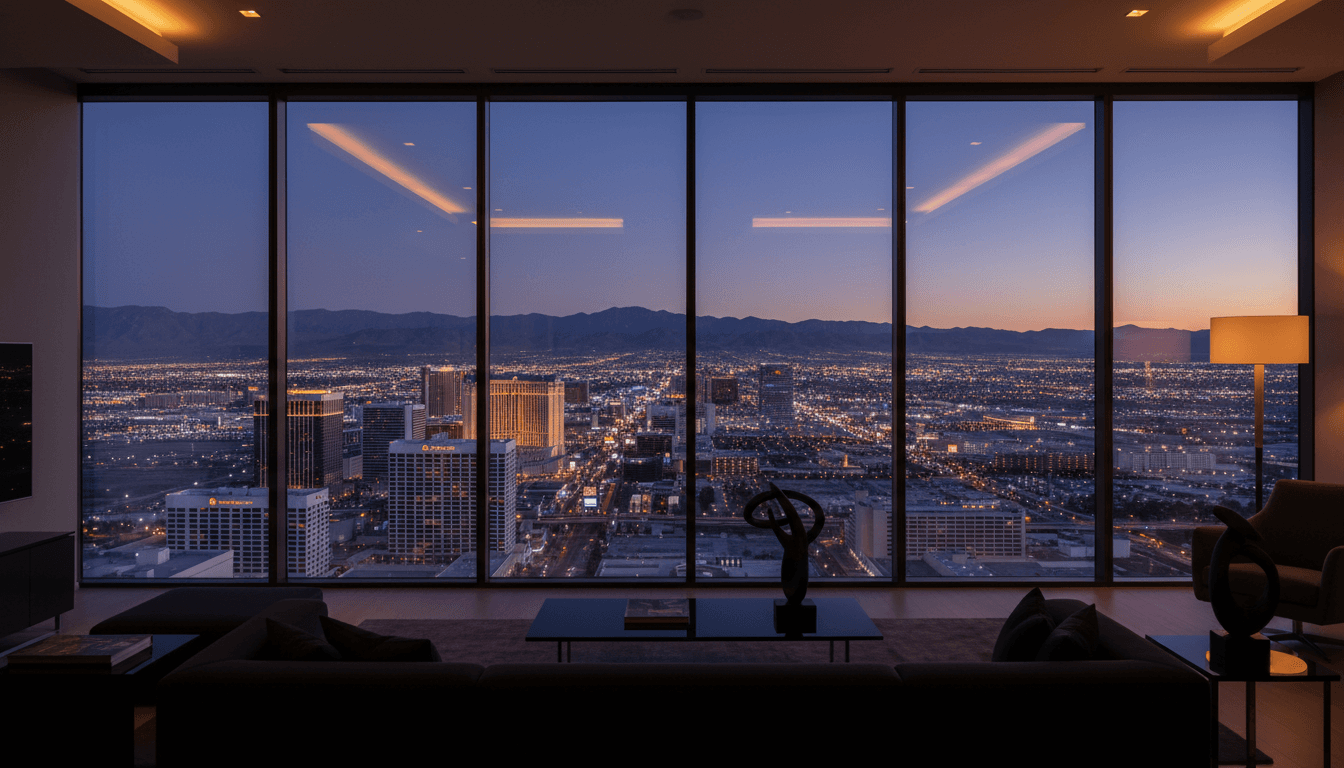 Panoramic Las Vegas skyline and desert views through floor-to-ceiling windows