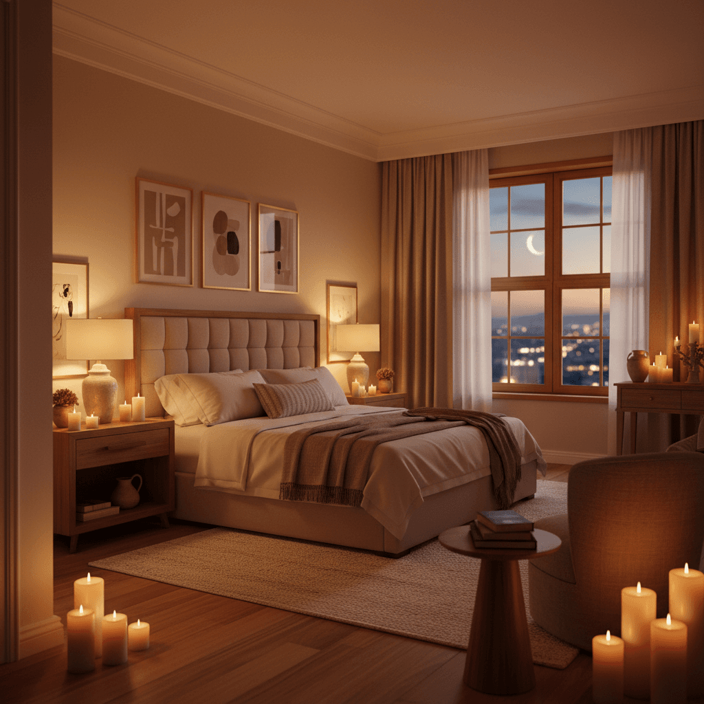 Master bedroom with elegant design and warm ambient lighting