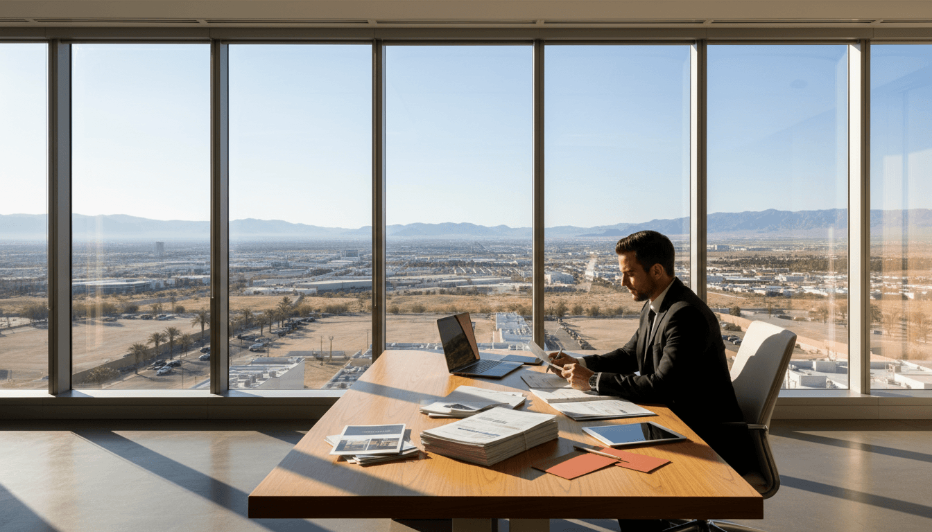 Real estate professional reviewing property documents at a Las Vegas office desk with valley views