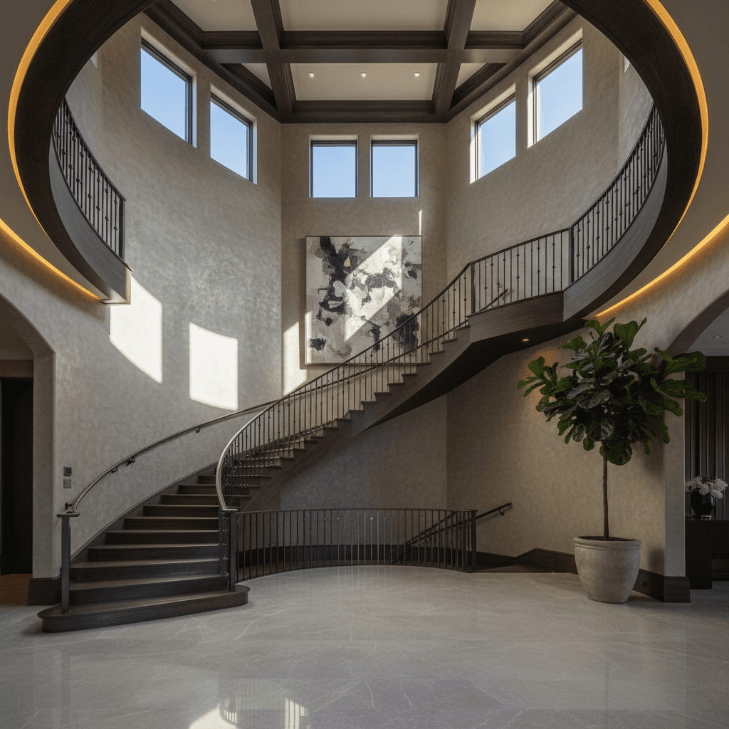 Grand foyer with soaring ceilings and statement staircase