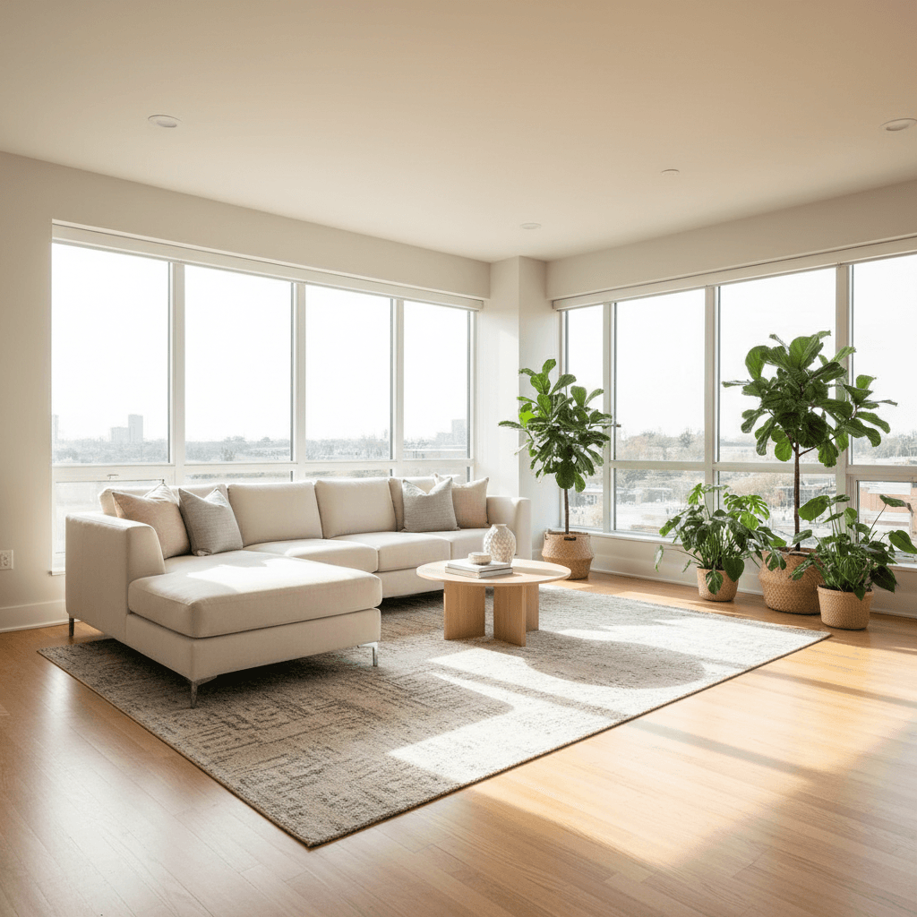Modern apartment living room with natural light and contemporary furniture
