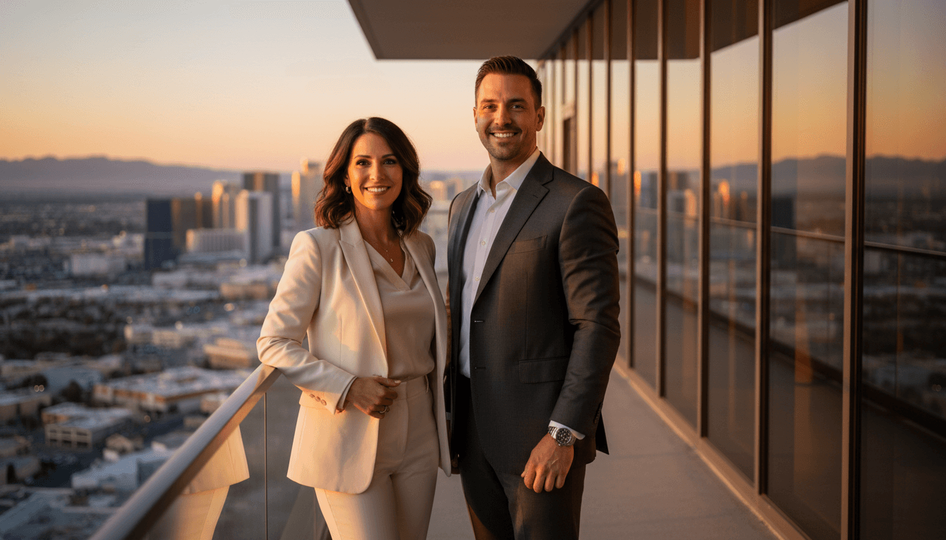 Two real estate professionals standing on a Las Vegas high-rise balcony with the skyline in the background