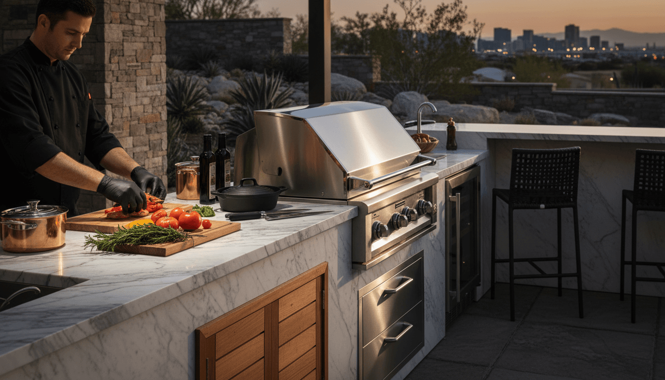 Custom outdoor gourmet kitchen with built-in appliances and marble countertops