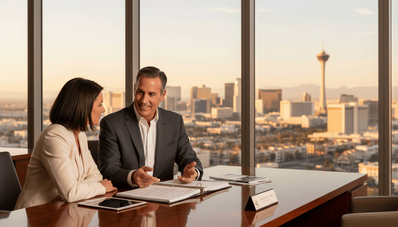 Real estate advisor consulting with client in modern Las Vegas office