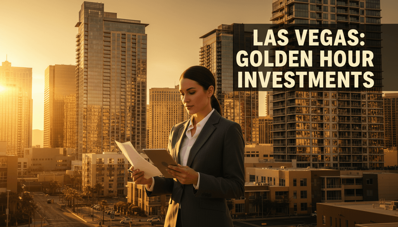 Commercial real estate professional reviewing property analysis in Las Vegas business district