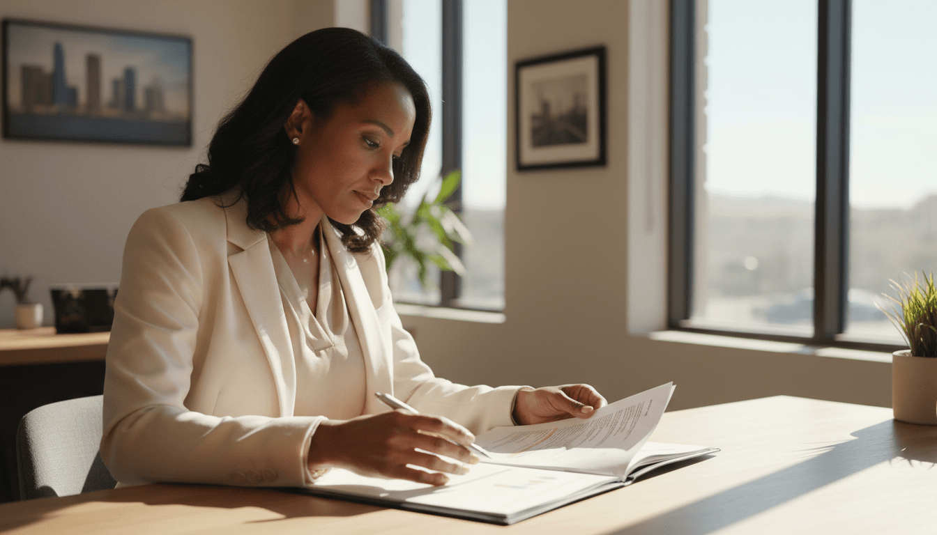 Real estate professional reviewing property documents in a Las Vegas office
