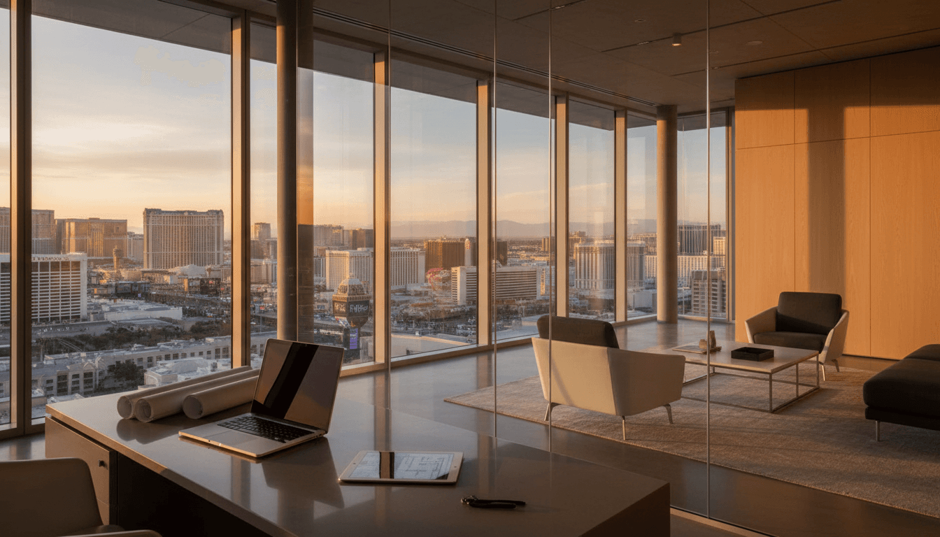 Modern Las Vegas real estate office with windows overlooking the city skyline