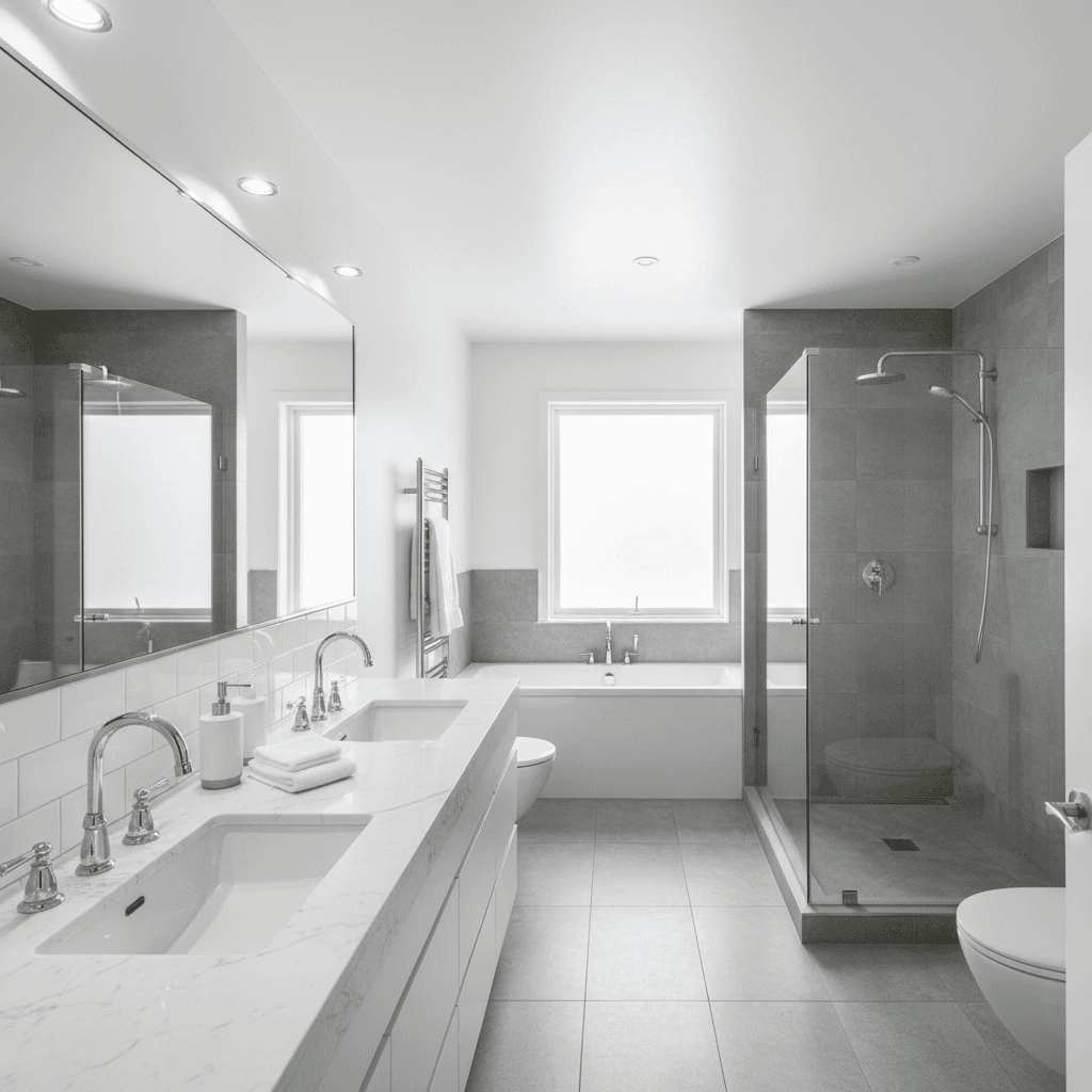 Modern bathroom with dual vanity and contemporary fixtures