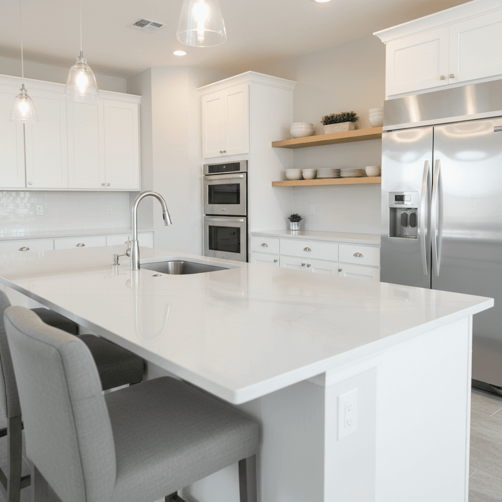 Contemporary kitchen with stainless steel appliances and granite countertops