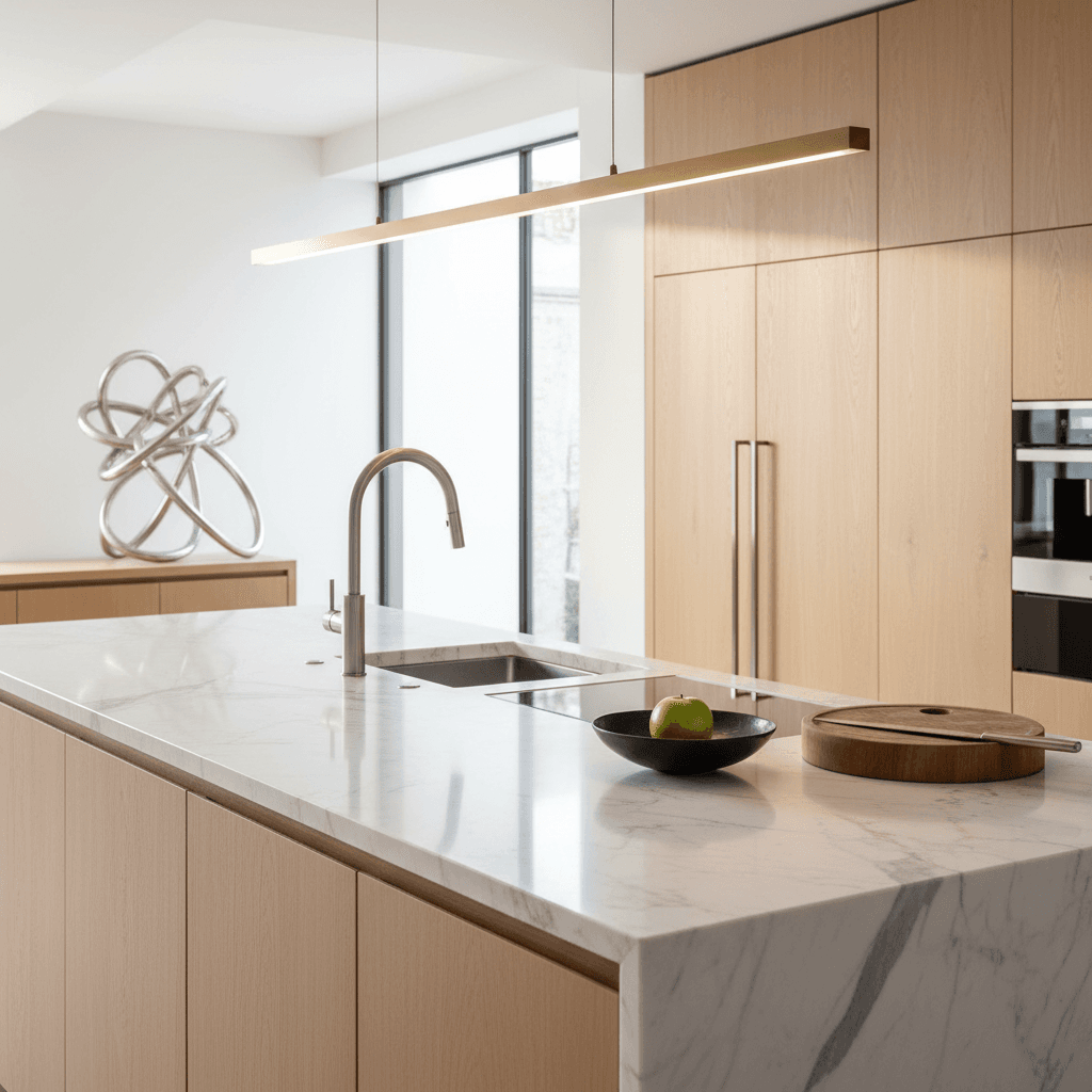 High-end kitchen with marble island and premium appliances