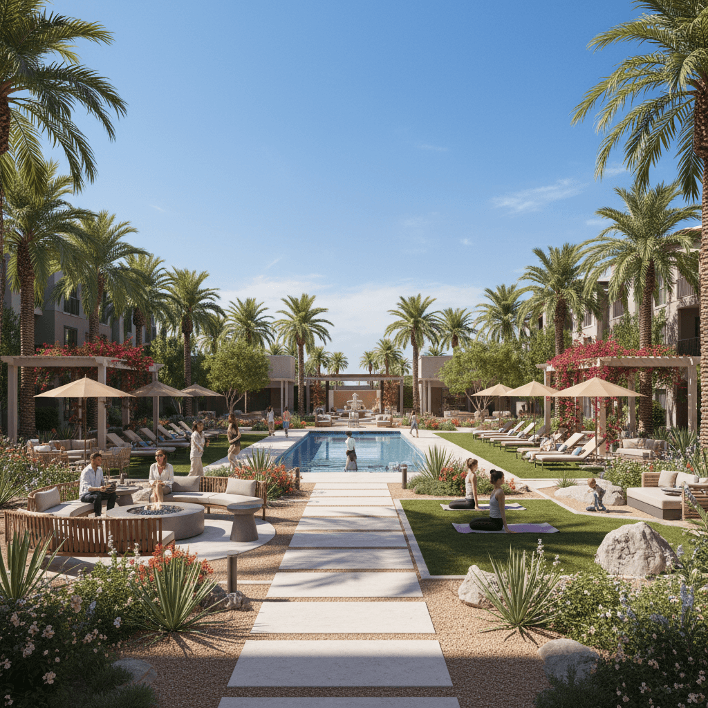 Well-maintained apartment community courtyard with landscaping