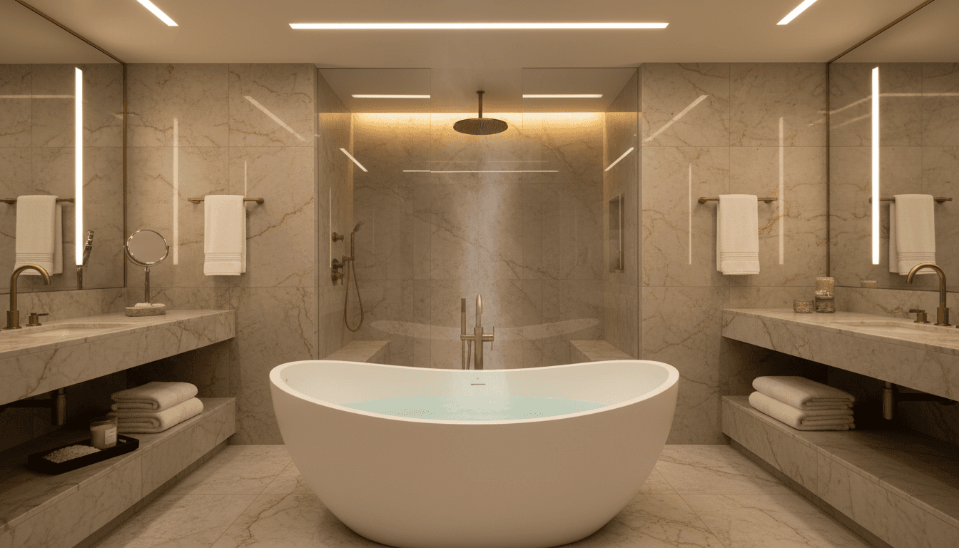 Spa-inspired master bathroom with soaking tub and rainfall shower fixtures