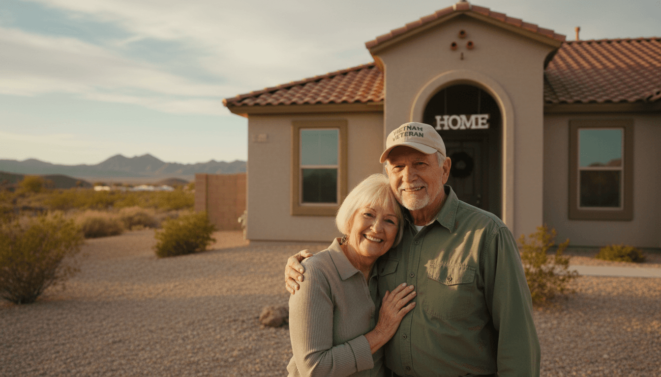 Veteran couple standing in front of their new home in Las Vegas