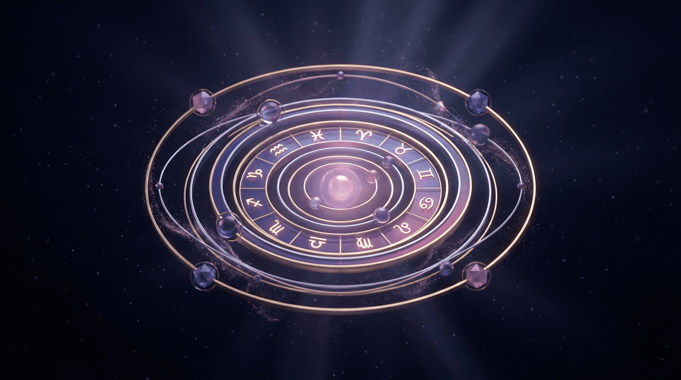 Glowing celestial mandala with zodiac symbols and planetary orbits rotating slowly in deep navy void with particle effects.