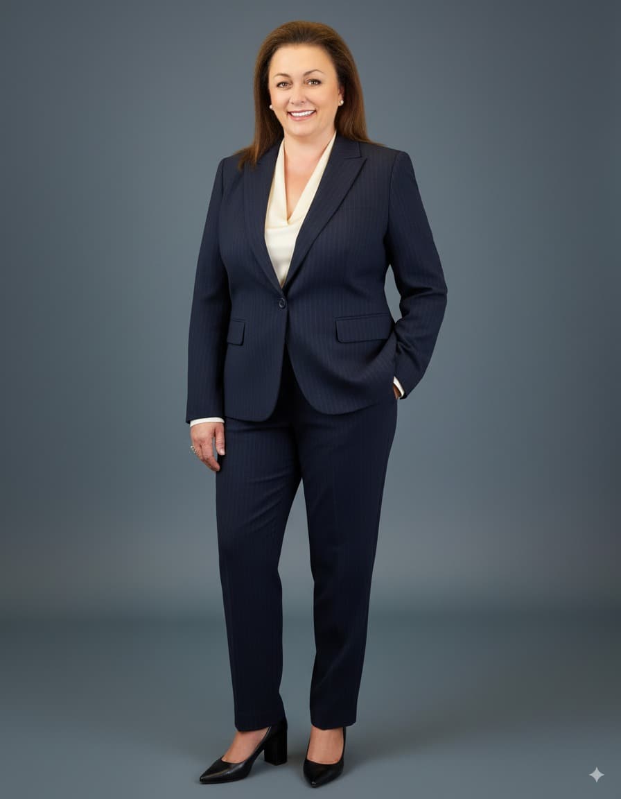 Smiling woman wearing a navy pinstripe suit and cream blouse against a gray background.
