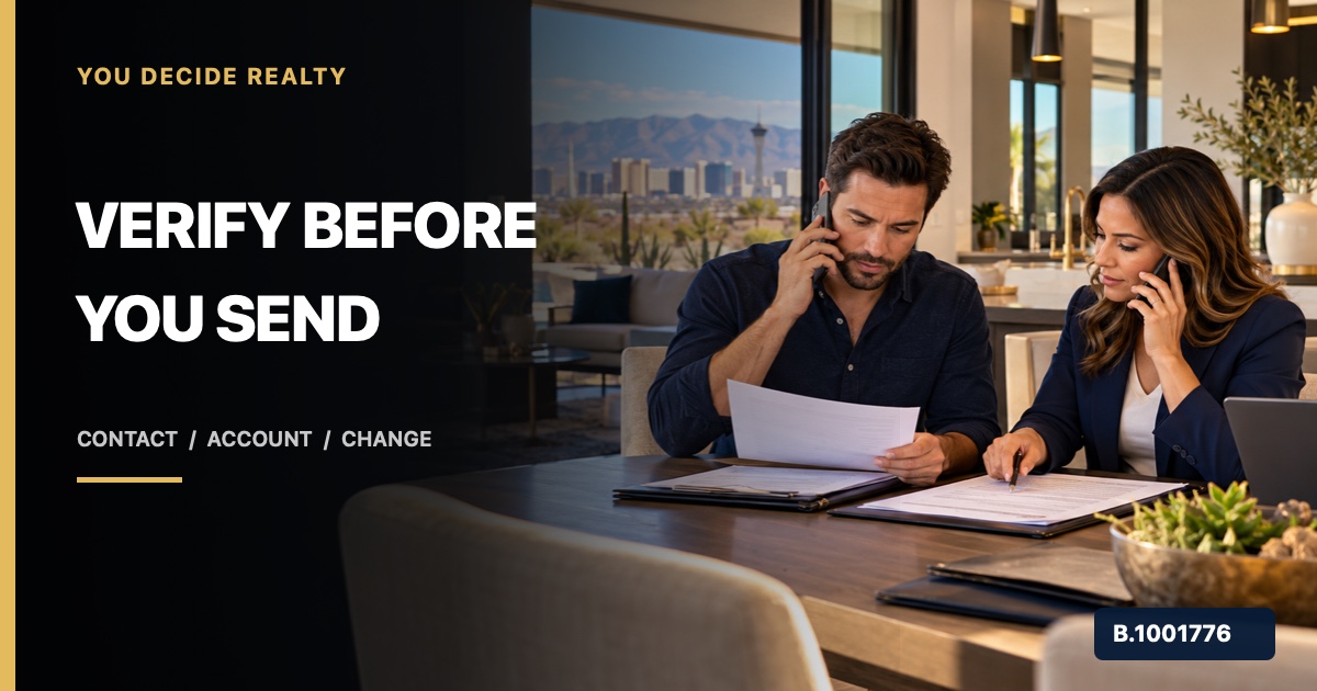 Nevada homebuyer and escrow professional independently confirming closing instructions by phone, marked Nevada Broker B.1001776