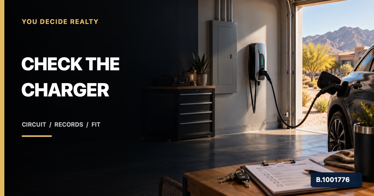 Southern Nevada homebuyer reviewing an installed garage EV charger and electrical panel, marked Nevada Broker B.1001776