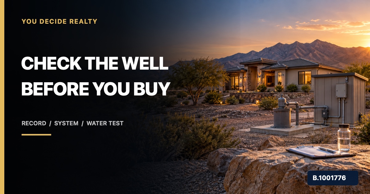 Southern Nevada home with a private well, pump equipment, clipboard, and clear sample vial, marked Nevada Broker B.1001776