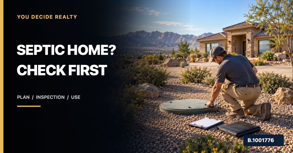 Southern Nevada home and septic-system inspector beside a closed access cover, marked Nevada Broker B.1001776