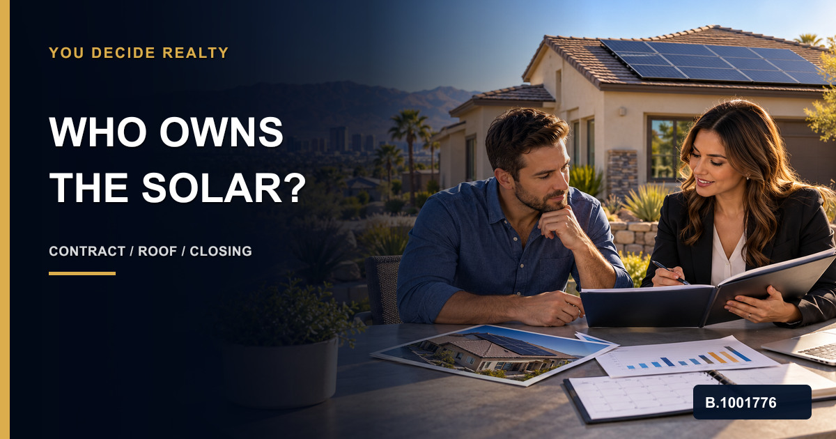 Nevada homebuyer reviewing rooftop solar ownership, contract, roof records, production history, utility status, and closing calendar, marked Nevada Broker B.1001776