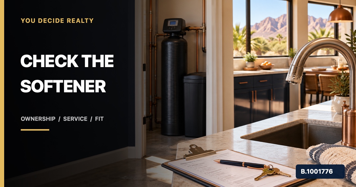 Southern Nevada homebuyer checklist beside an existing water softener and kitchen faucet, marked Nevada Broker B.1001776