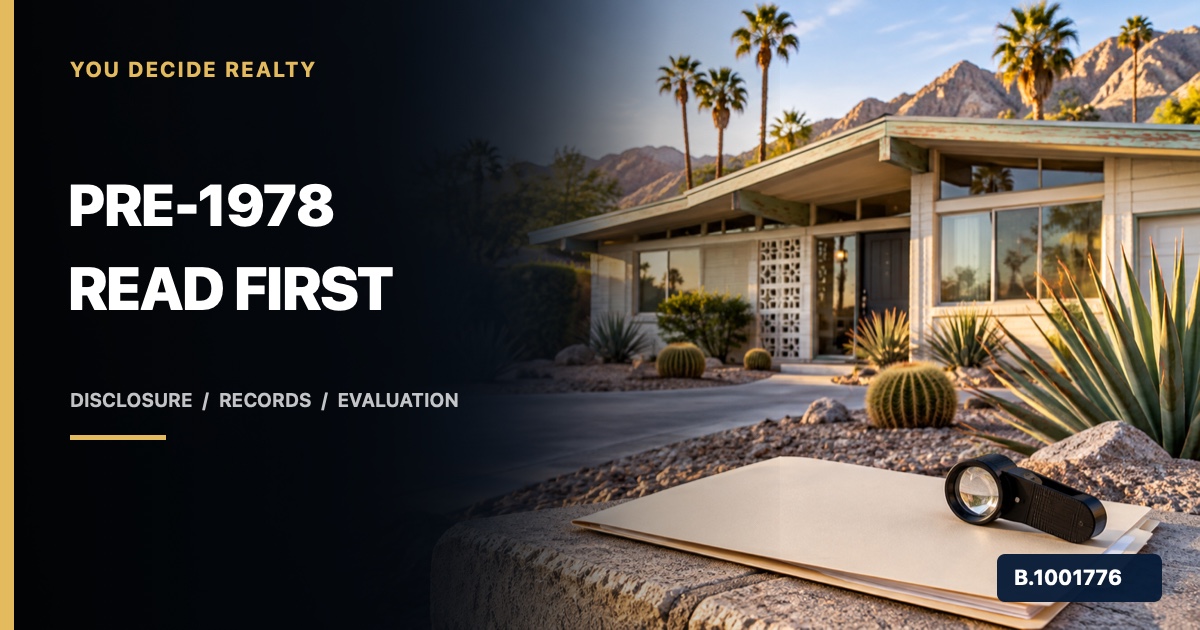 Older Southern Nevada home with a blank disclosure folder and inspection loupe, marked Nevada Broker B.1001776