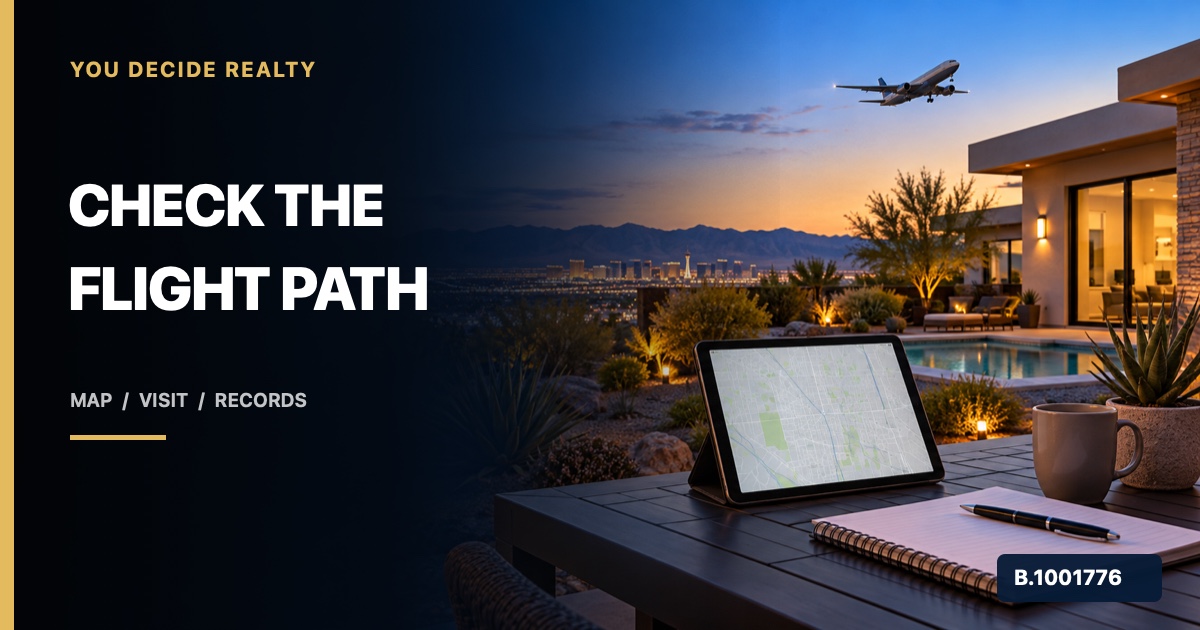 Las Vegas home beneath a distant aircraft path with a blank map and notebook, marked Nevada Broker B.1001776
