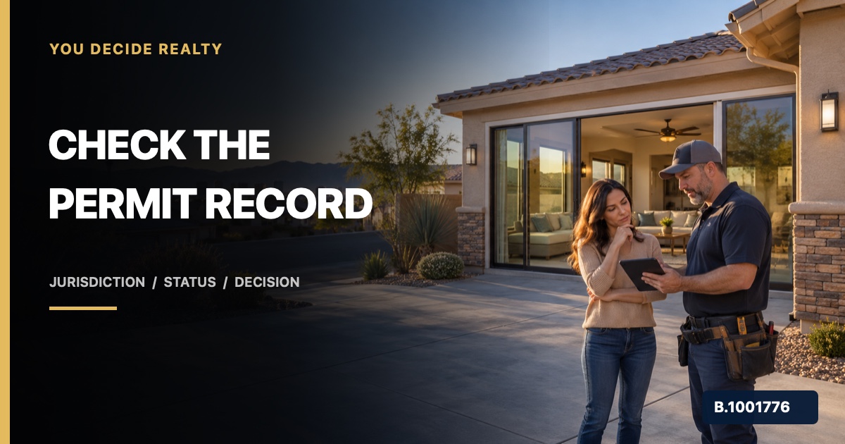 Las Vegas homebuyer reviewing a renovation and blank permit record with a building professional, marked Nevada Broker B.1001776
